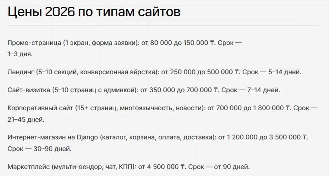Цены алматинской студии REXLAMA по типам сайтов на 2026 год: от промо-страницы за 80 000 тенге до маркетплейса от 4 500 000