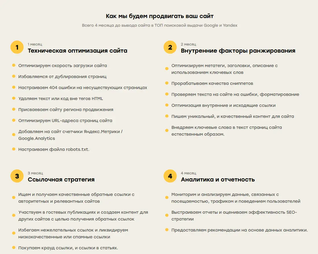 План работ по SEO у алматинской студии: техническая оптимизация, внутренние факторы, ссылочная стратегия и аналитика по месяцам