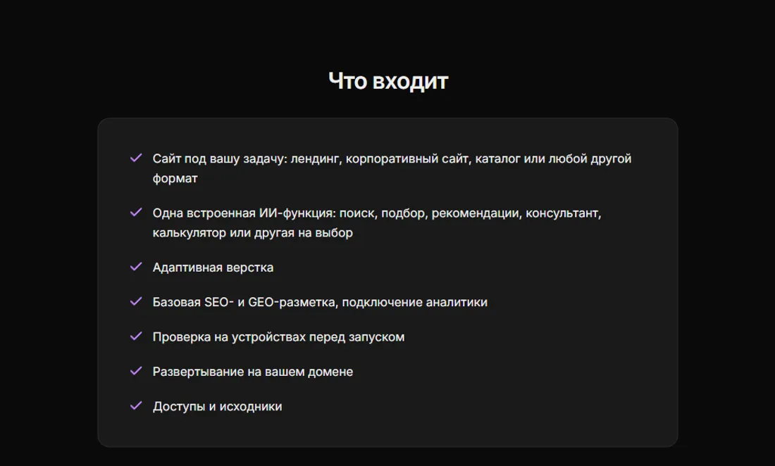 Состав услуги «ИИ-сайты» в Vibecraft: базовая SEO- и GEO-разметка и подключение аналитики входят в разработку