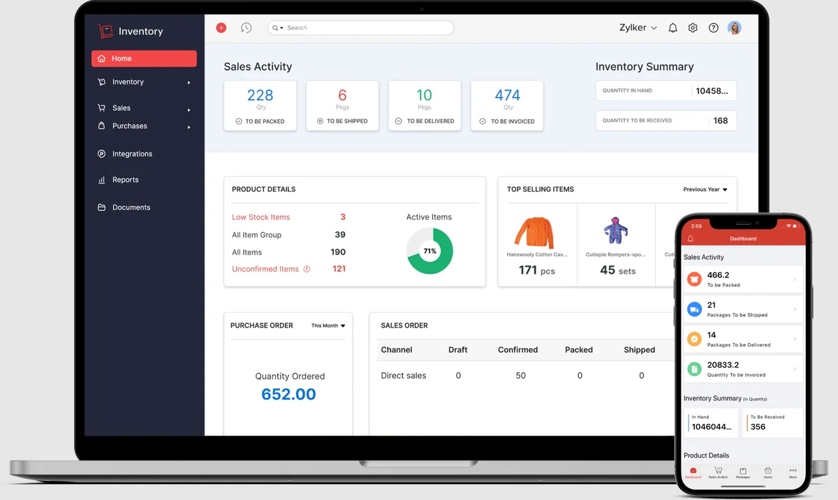 Интерфейс складского учета Zoho Inventory: остатки на складе, товары с низким запасом, заказы и отгрузки